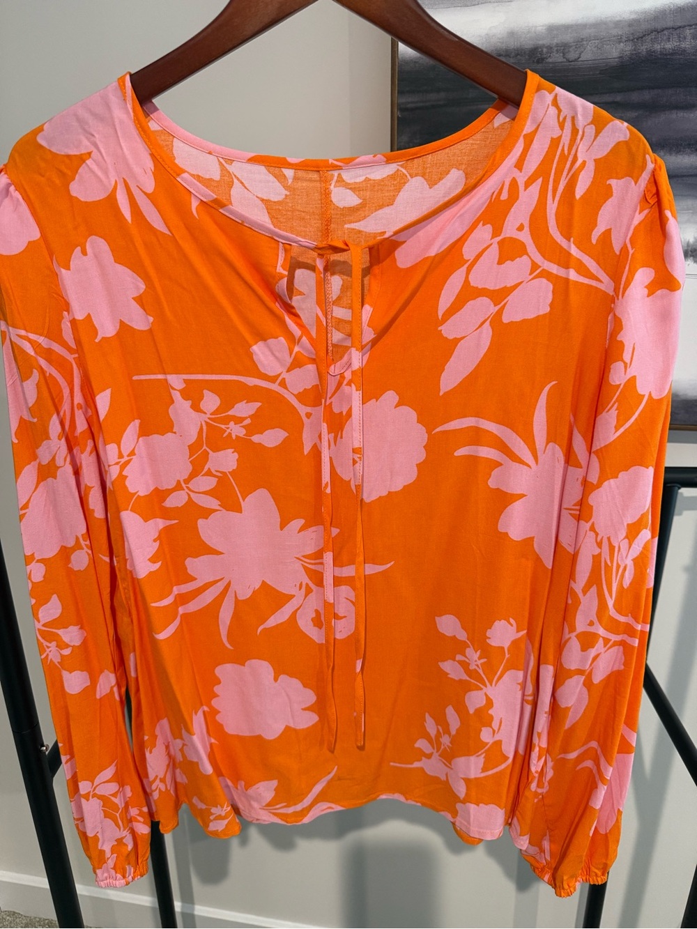 SHEIN Orange and Pink Floral Tie-Neck Blouse